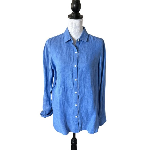J. McLaughlin Blue Linen Button Down Shirt Top Size Medium Casual - Picture 1 of 6